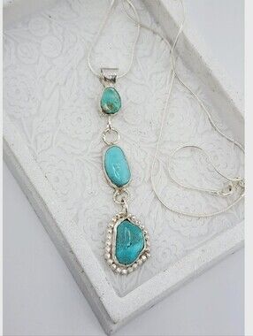 3 TURQUOISE NECKLACE HANDMADE WITH STERLING SILVER RECYCLED METAL W/S. S. CHAIN